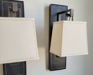 Pair of Paul Marra Design Leather Back Sconces with New Linen Shades