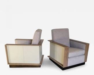 Pair of Paul Marra Design Max Club Chairs in Bleached Walnut and Leather with Linen Upholstery