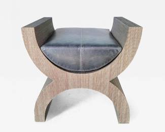 1970s Vintage Cerule Form Bench in Brown Grasscloth with Custom Leather Seat Cushion