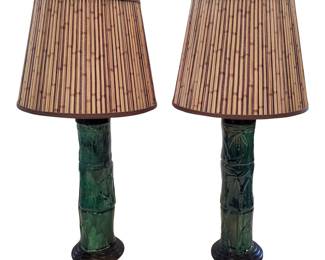 Pair of Ceramic Bamboo Lamps with Custom Stick Shades