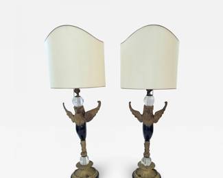 Pair Of Empire Lamps with Rock Crystal and Custom Silk Shield Shades
