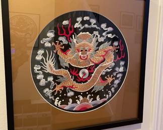 Framed Silk Embroidered Textile of Chinese Dragon