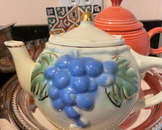 Stoneware Hand Painted Teapot with Raised Grapes Pattern