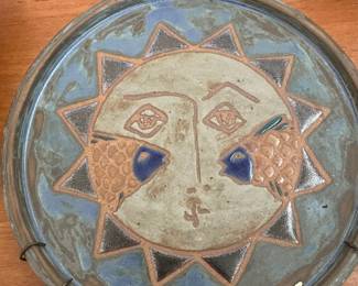 Blue/Tan Pottery Plate with Sun Design