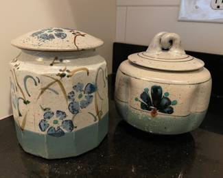 Stoneware Blue, Brown & Cream Canister with Floral Design, Stoneware Blue & Cream Lidded Sugar Bowl with Floral Design