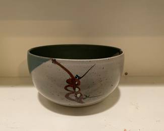 Gray, Blue, Red Design Stoneware Rice Bowl