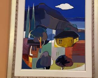 Framed & Matted Painting of Neighborhood by Ali Golkar