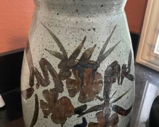 Gray/Brown Stoneware Pottery Lidded Jar with Floral Design