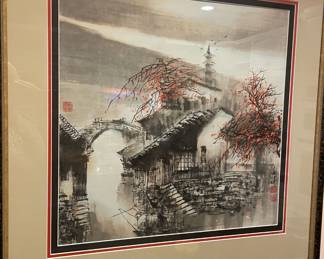Framed & Matted Chinese Water Township Painting
