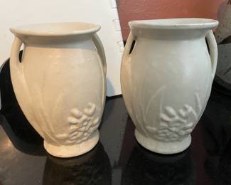 Pair of McCoy Pottery Handled Urn Vase in Leaves and Flowers Design