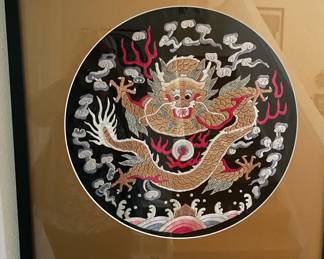 Framed Silk Embroidered Textile of Chinese Dragon