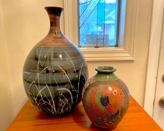Blue, Brown & White Pottery Bottleneck Vase with Grass Pattern, Painted Pottery Vase with Fish Design
