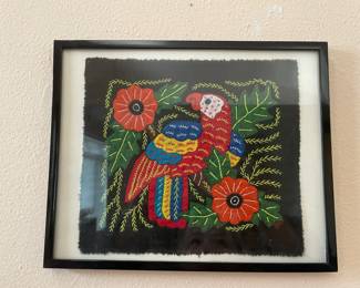 Framed Red Parrot Mola Tapestry