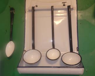 Vintage  Enamel  Utensil Holder  Comes With 3 Laddels