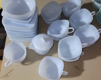 Fire King  Delphite Blue Azurite Charm Square Cups & Saucers &Bowl 