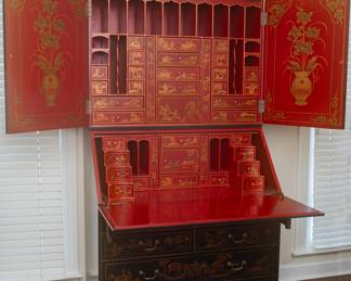 Chinoiserie Black with Red Interior Lacquered Drop Front Secretary Desk w/ Bookcase Hutch (80"t x 40"w x 21"d)
