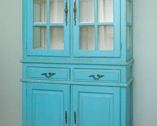 Vintage Blue Wooden China Cabinet 
