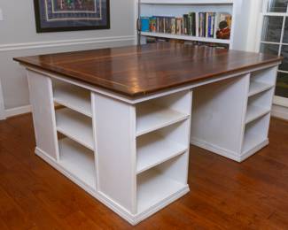 Large Double Sided Square Craft Table with Lots of Storage Shelving (Double Sided Desk) 66" x 53.5" wide x 31.5" tall
