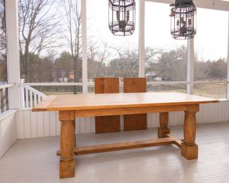 Bleached Removable Leaf Farmhouse Kitchen Table with 2 Extension Leafs 84" long x 40" (wide without leafs) & 30 1/4" high. Each leaf is 18" wide for a total table length of 10 feet!