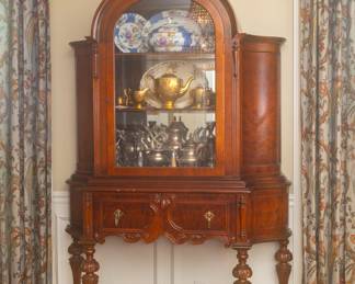 Antique Bonnet Top Burled Dining Room China Cabinet