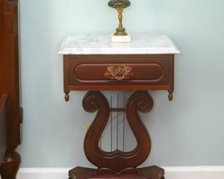 Pair of Two (2) Matching Antique Harp Side Tables with Marble Top (27.5H x 18L x 15D)
