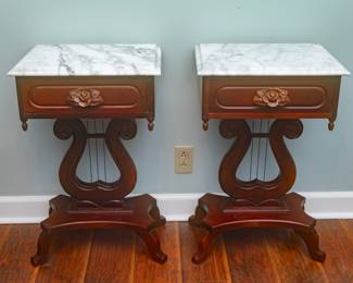 Pair of Two (2) Matching Antique Harp Side Tables with Marble Top (27.5H x 18L x 15D)
