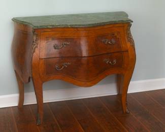 Vintage Marble Top Burled Bombay Chest Commode with Ormolu Mounts

