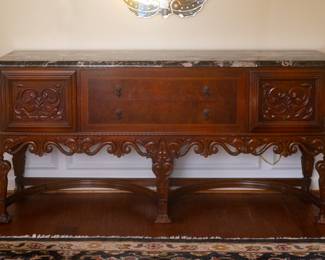 Renaissance Carved Antique Marble Top Sideboard, Server or Buffet  (78”Long 22” Deep 37,5” Tall)
