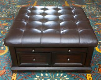 Square Tufted Leather Dark Brown Ottoman with Storage Drawers and Pull Out Table on Both Sides

