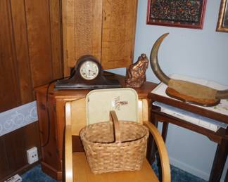 chair, cabinet, clock, horns, basket