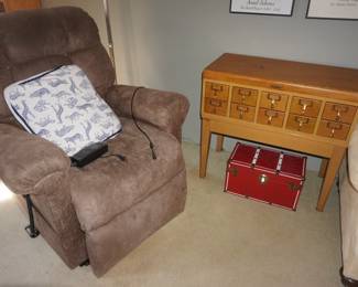 Lift chair. library card cabinet