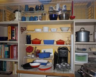 casserole dishes, coffee maker, cups, bowls, bake ware, cookbooks, jar, stock pot, 