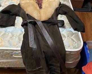 SO RETRO-long vintage suede coat w/ belt-still has label - rare find in this condition for age