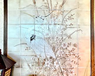 Beautiful Oak Framed Ceramic Tile art
Subject: Crane 
Style: Chinoiserie

