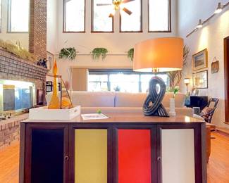 PRESTO CHANGO!!! KodaWood "Mobilia" 1960s Buffet or credenza with inter-changeable door panels! Color panels shown above, has additional cane and solid white  panels.  So FAB. Panels are ruched leather look vinyl. Easy to clean! 
Measures: 56L • 18D • 30 T
