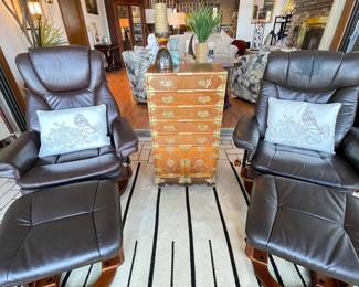Danish style recliners with ottomans that lift for storage
Vintage Burlwood Cutlery Chest with Brass fittings 