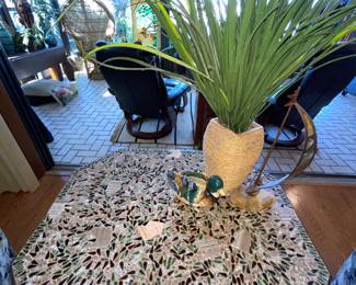 Mid Century Hand set mosaic tile top table. A true piece of vintage Florida tile art! 
Majolica Mallard Duck planter 
