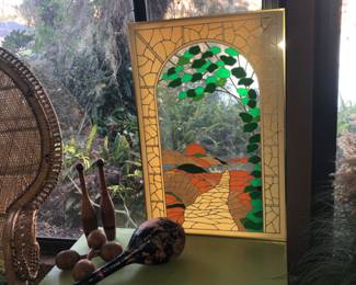 Vintage Turner Home Decor Glass framed window art 
Wood Hand Music maracas and painted gourd maraca 