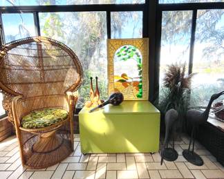 Peacock Cobra Fan chair with original vintage cushion 
Turner Glass Art
Vintage 1970s Apple Green painted wood trunk. 