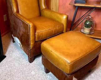 002 Vintage Leather Chair And Ottoman With Cowhide Accents