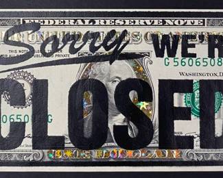 Penny (United Kingdom)
Sign Of The Times (Gold), 2020, (15/15)
Hand-Cut Stencil On Genuine Banknote With Gold Leaf.
Framed Starting Price $400