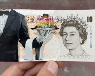 Penny (United Kingdom)
Let Them Eat - Cake, 2022, (4/10)
16-Layer Hand Cut Stencil & Spray Paint on Genuine 10 Pound Banknote with C-Type Semi Gloss Printed Detail Starting Price $400