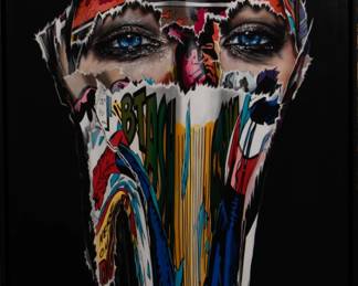 Sandra Chevrier (Canadian, 1983)

La Cage, Stoique, 2020

Acrylic on canvas

Dark Background Disrupted By Bright Blue, Hyperrealistic Eyes Wearing A Mask Of Warped Comic/Pop Art. The Word "Freedom" Across The Forehead. Starting Price $1,000