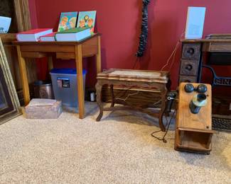 Antique school desk, table and phone