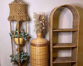 Macrame Plant Hanger, Wicker Urn and Shelves