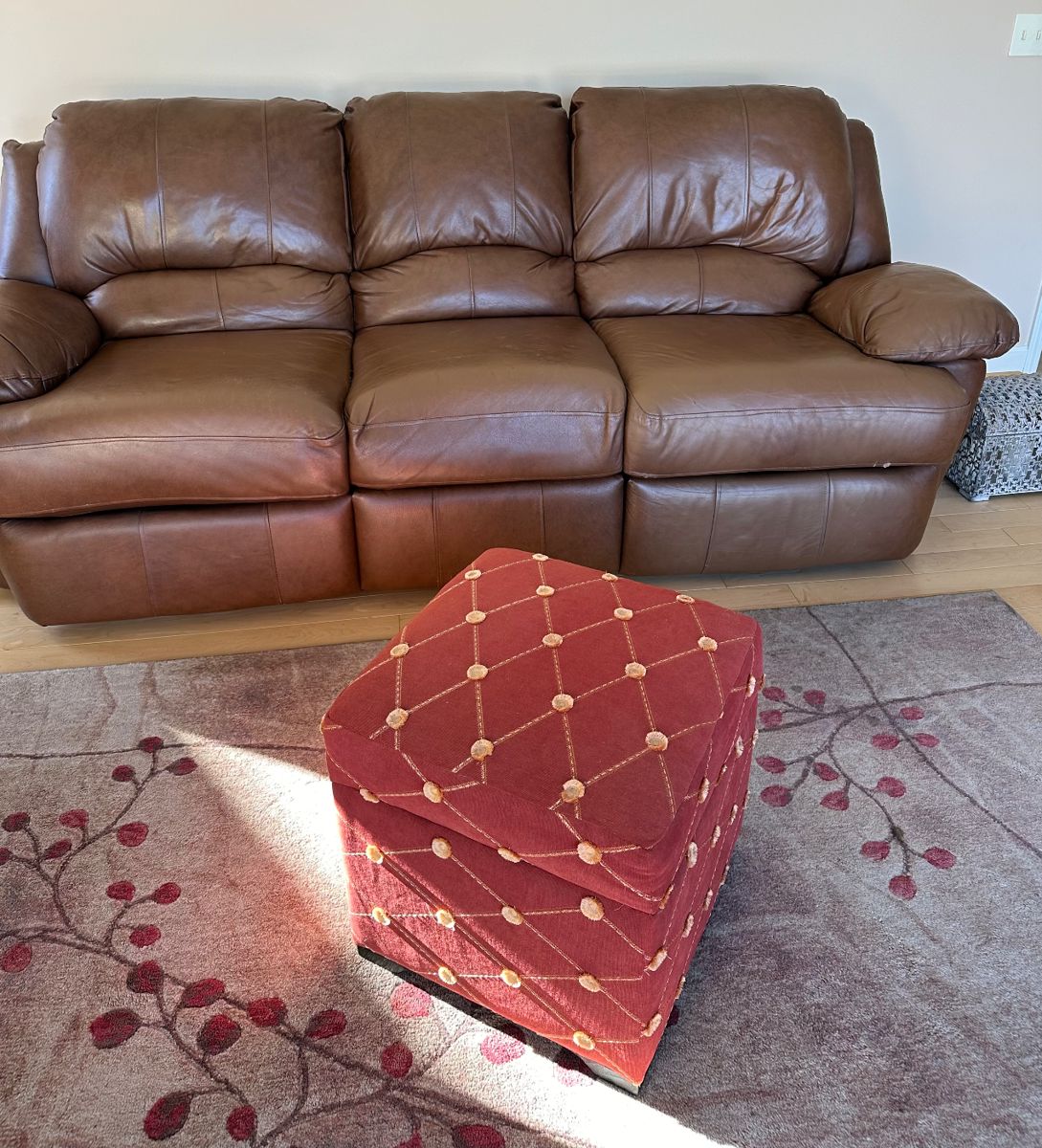 Lovely Brown Leather Couch, Area Rug 