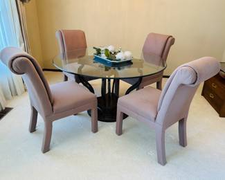 Glass Top Round Pedestal Table with 4 Fabric Chairs 