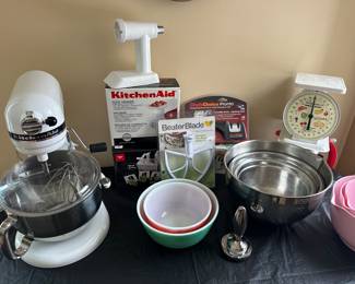 Kitchen Aid Mixer with Attachments, Vintage Pyrex