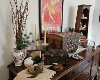 Walnut Sideboard with Trunks, Boxes, Antique China and more