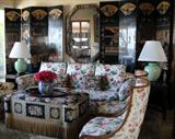 Goose down sofa. Two four-panel Coramandel screens-8 ft high- Asian design.
